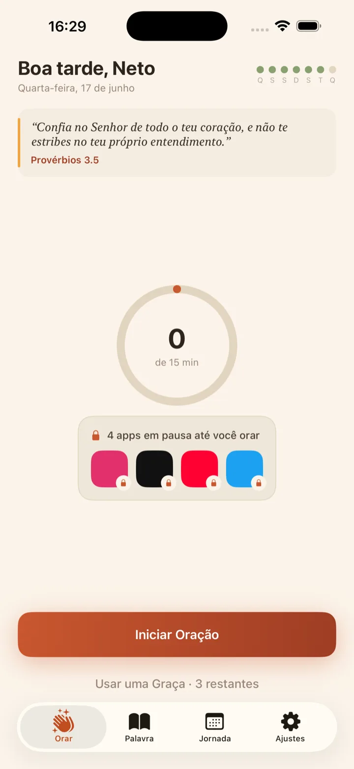 Home screen with your apps paused and an invitation to pray